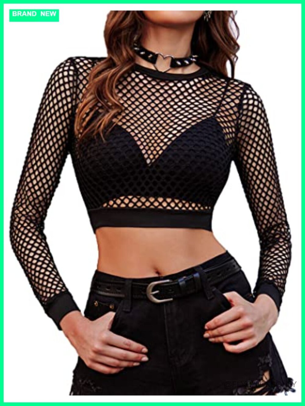 Fishnet Crop Top Long Sleeve Sheer Shirt Pullover